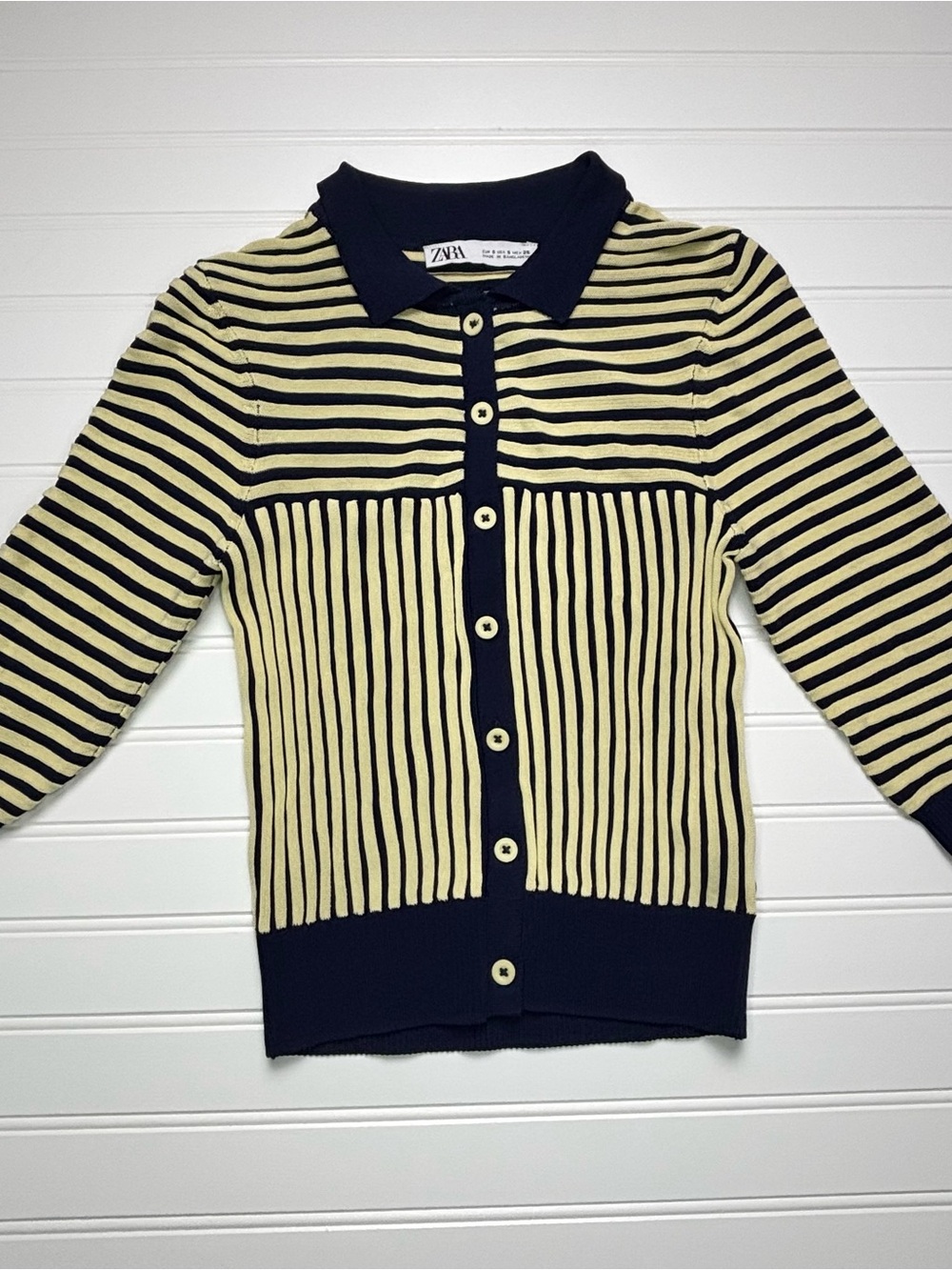 Zara Navy and Cream Striped Button-Front Cardigan Size Small